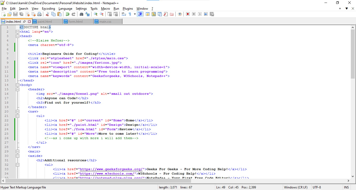 Screenshot of Notepad++ showing the index.html file for this website